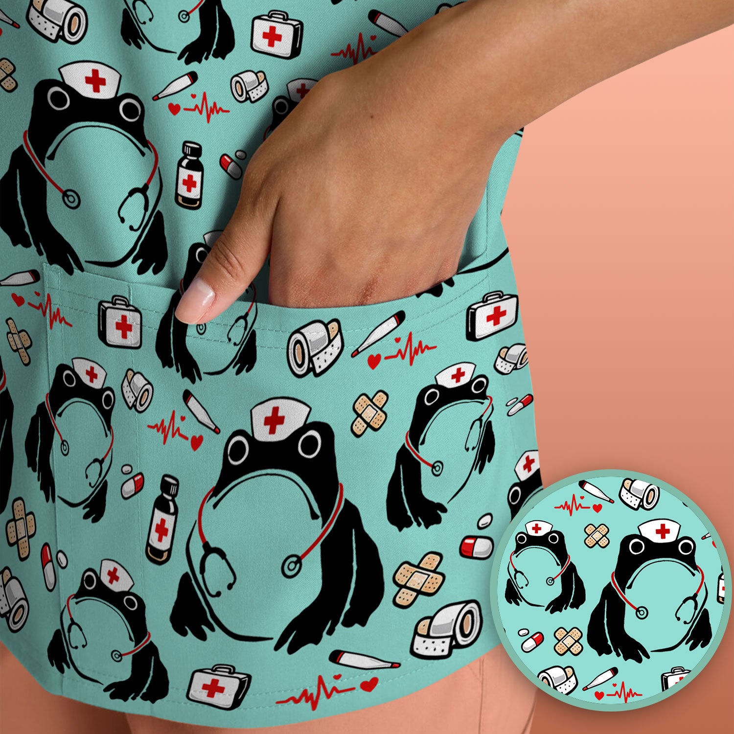 Cute Frog Nurse Medical Print Scrub Top, Comfortable Scrubs for Nurses