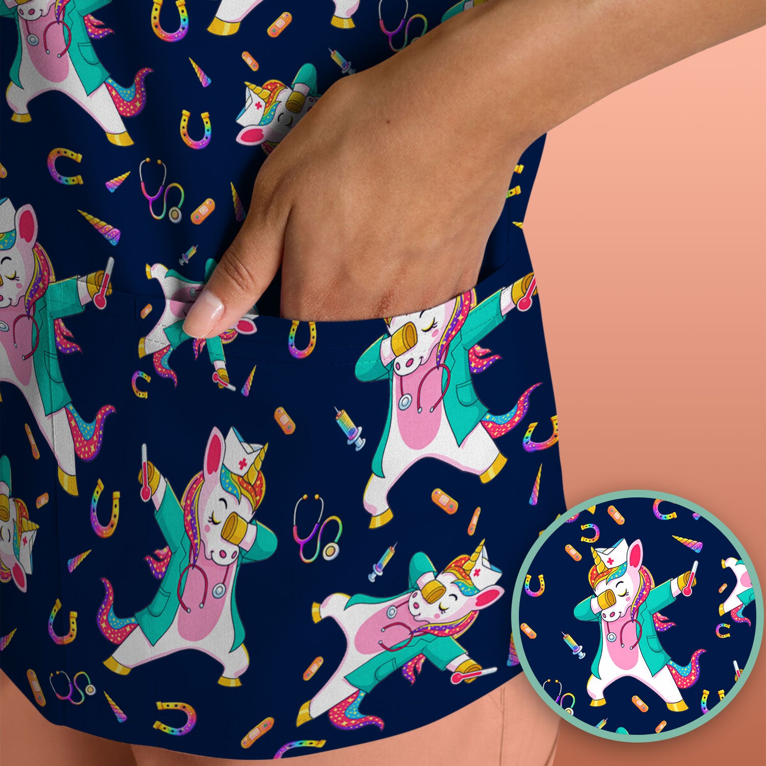 Cute Unicorn Nurse Dance Pattern Scrub Top, Breathable Fabrics Nursing Uniform