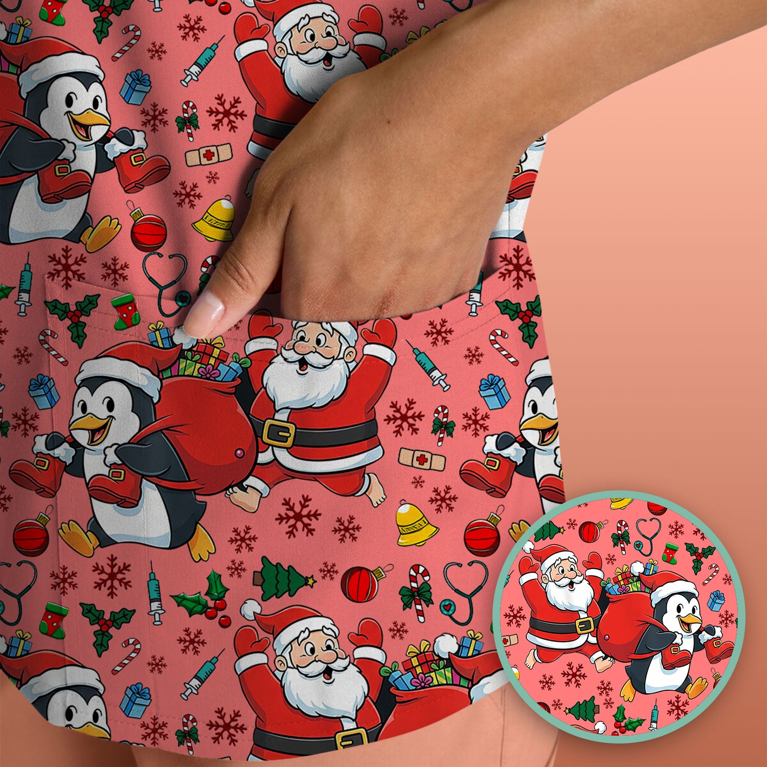 Funny Penguin Christmas Scrub Top - Santa Holiday Nurse Uniform for Women - Medical Gift for RN CNA LPN