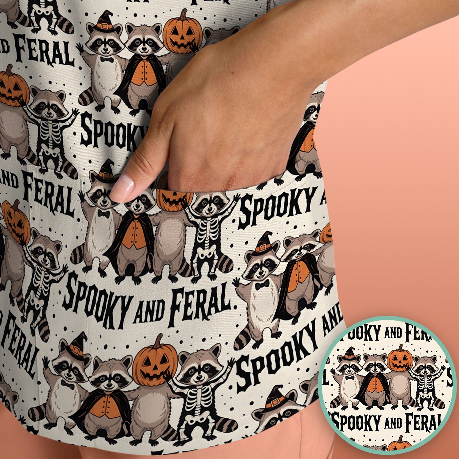 Spooky and Feral Raccoon Print Scrub Top, Comfortable Scrubs for Nurses
