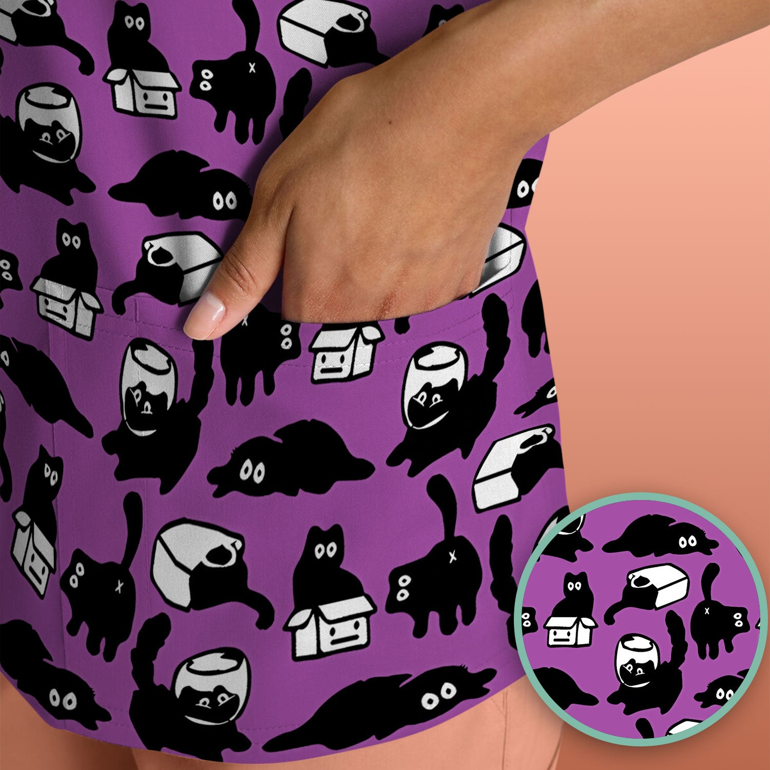 Dark Playful Cat Cartoon Pattern Scrub Top, Comfortable Scrubs for Nurses