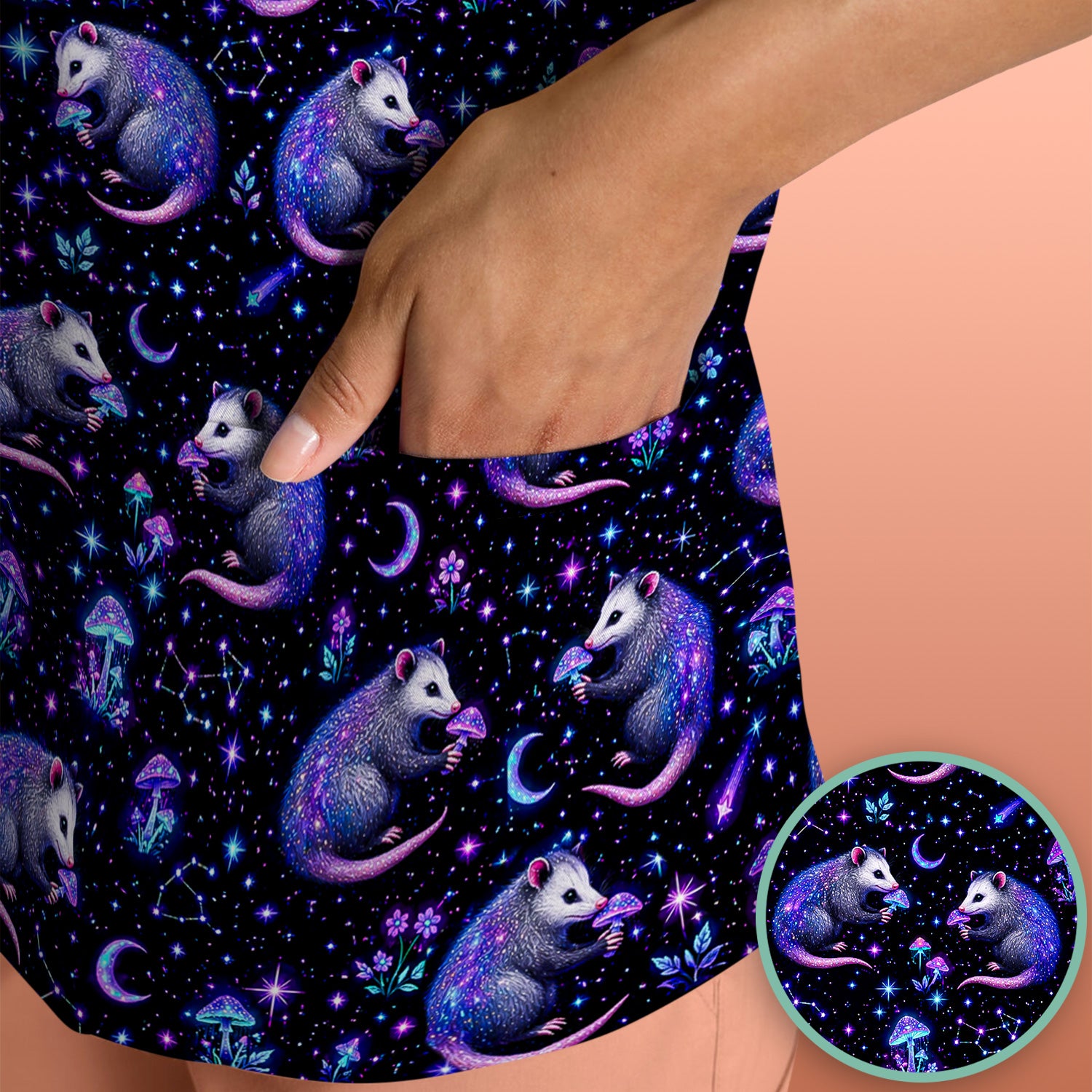Celestial Purple Opossum With Mushroom Pattern Scrub Top, Comfortable Scrubs for Nurses