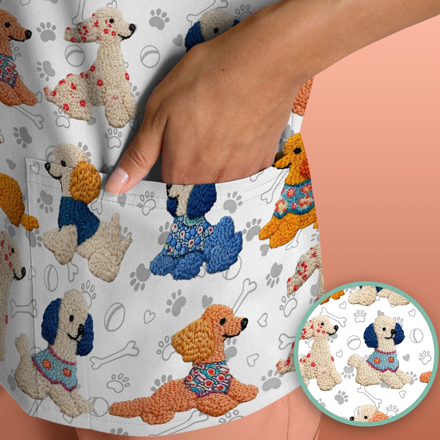 Cute Colorful Poodle Pattern Scrub Top, Comfortable Scrubs for Nurses