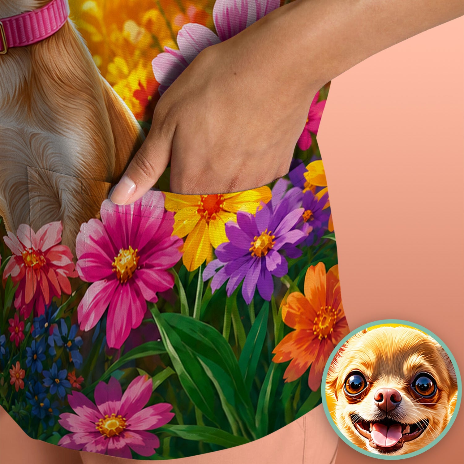Cute Chihuahua Flower Meadow Pattern Scrub Top, Comfortable Scrubs for Nurses