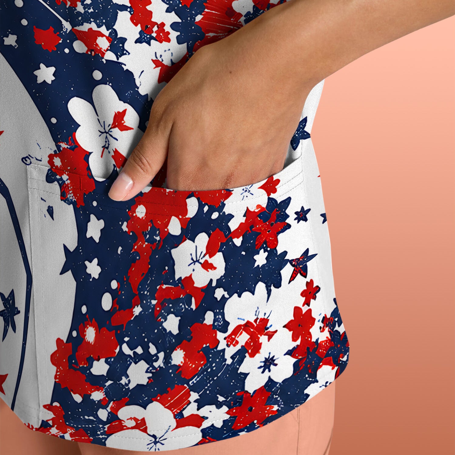 Patriotic Butterfly with Red White Blue Stars Scrub Top, Comfortable Scrubs for Nurses