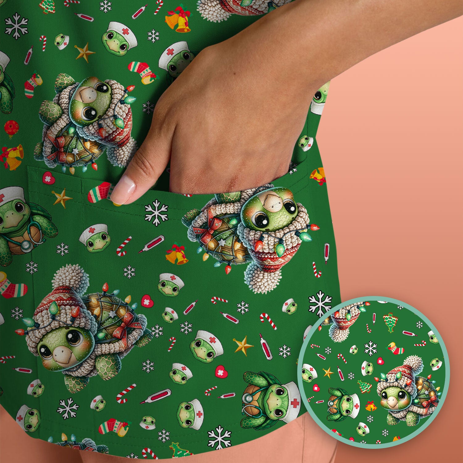 Christmas Turtle Scrub Top - Cute Funny Nurse Shirt - Holiday Medical Uniform for Women RN LPN CNA Gift Idea