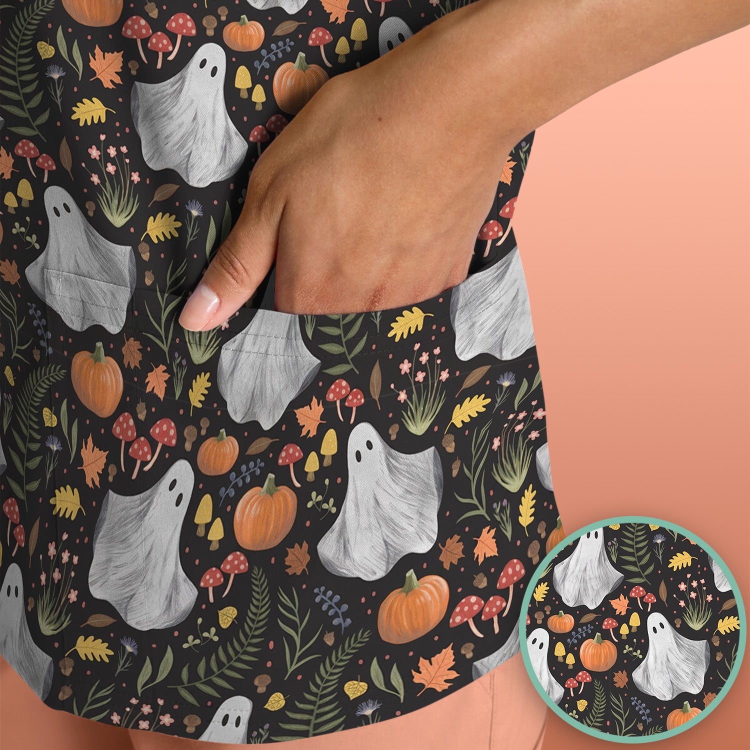 Pumpkin Woodland Pattern Scrub Top, Comfortable Scrubs for Nurses