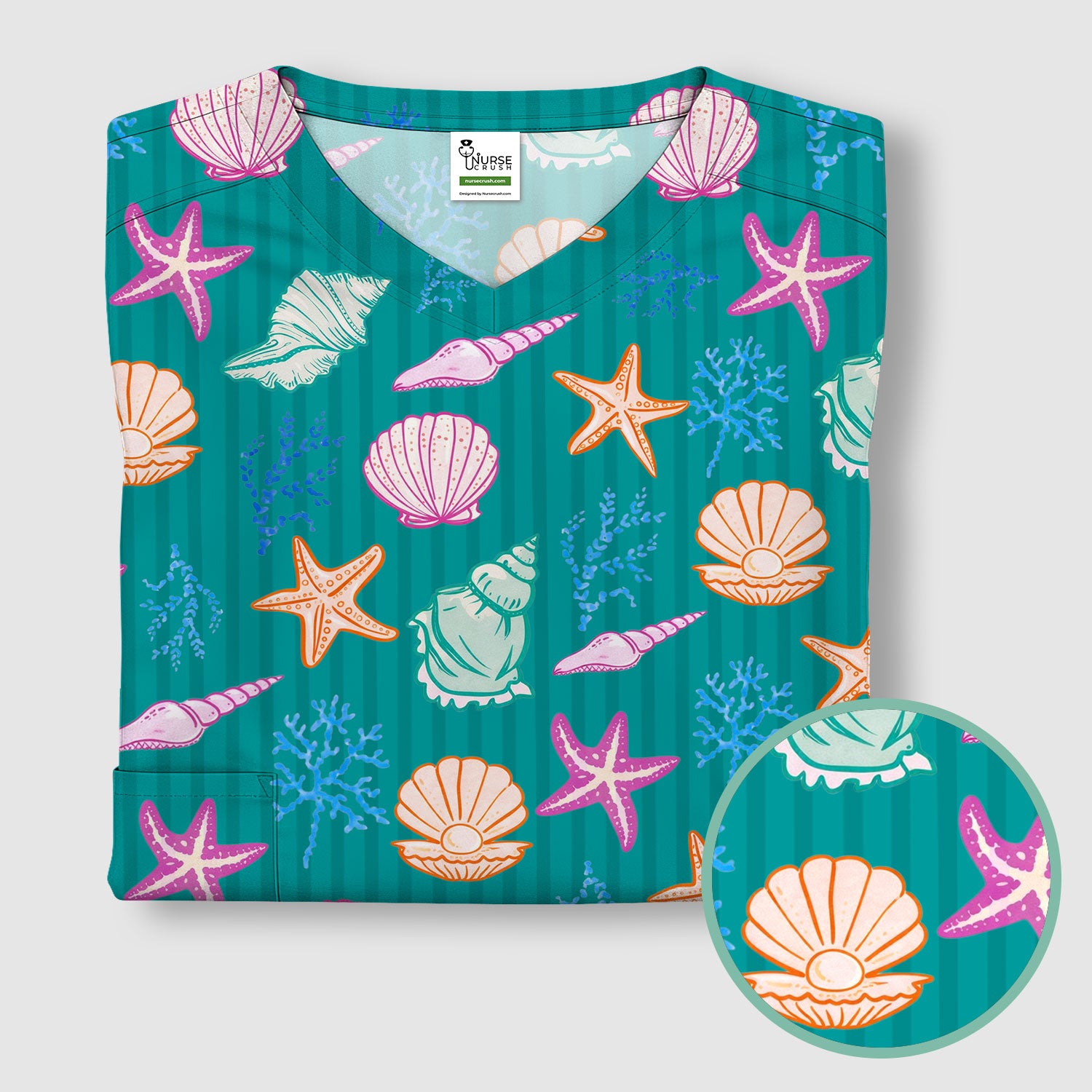 Colorful Seashell Starfish Ocean Stripe Pattern Scrub Top, Breathable Fabrics Nursing Uniform