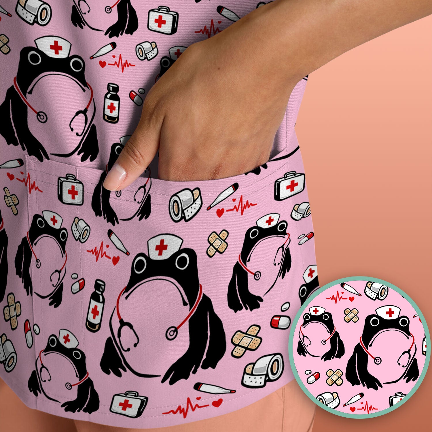 Cute Frog Nurse Medical Print Scrub Top, Comfortable Scrubs for Nurses