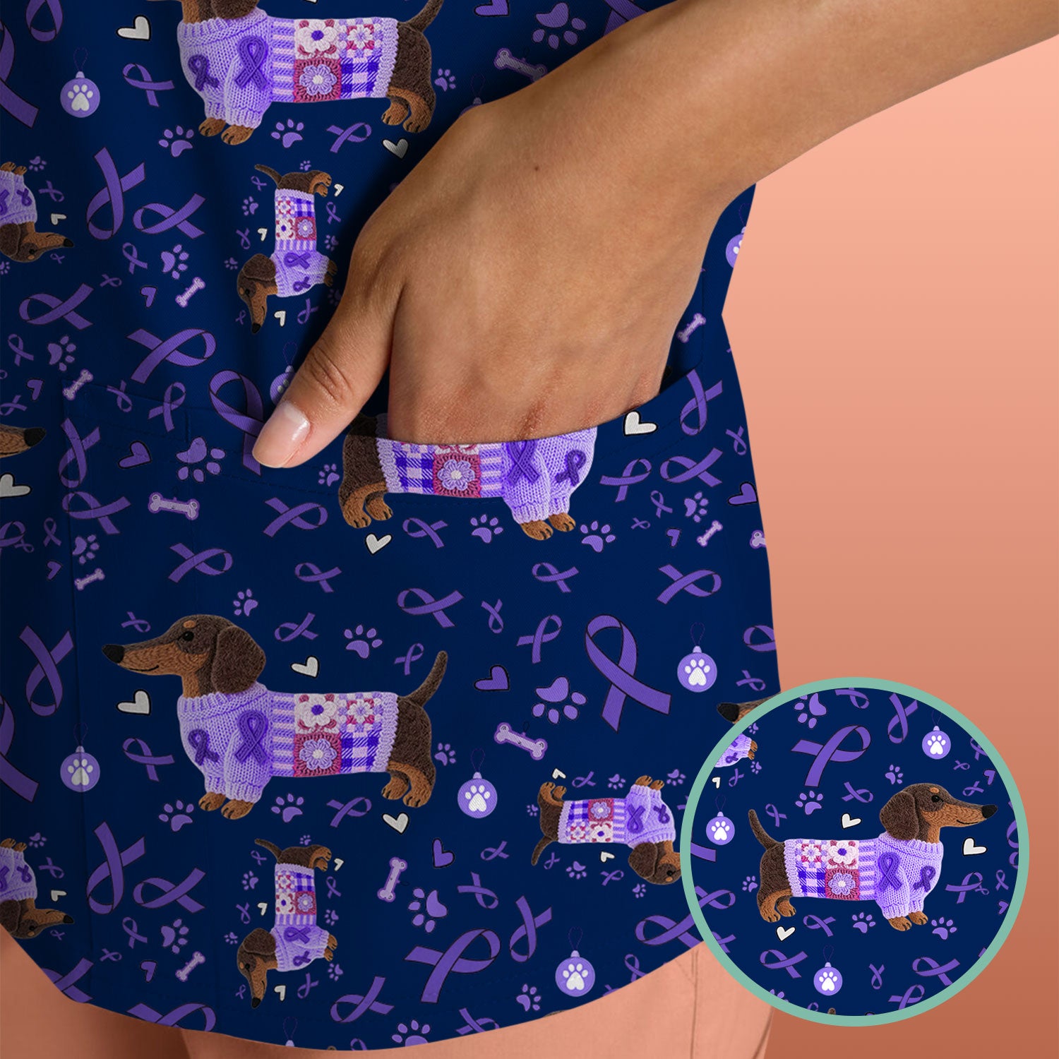 Wiener Dog Purple Ribbon Cancer Awareness Scrub - Breathable Fabrics Nursing Uniform - Comfortable Scrubs for Nurses