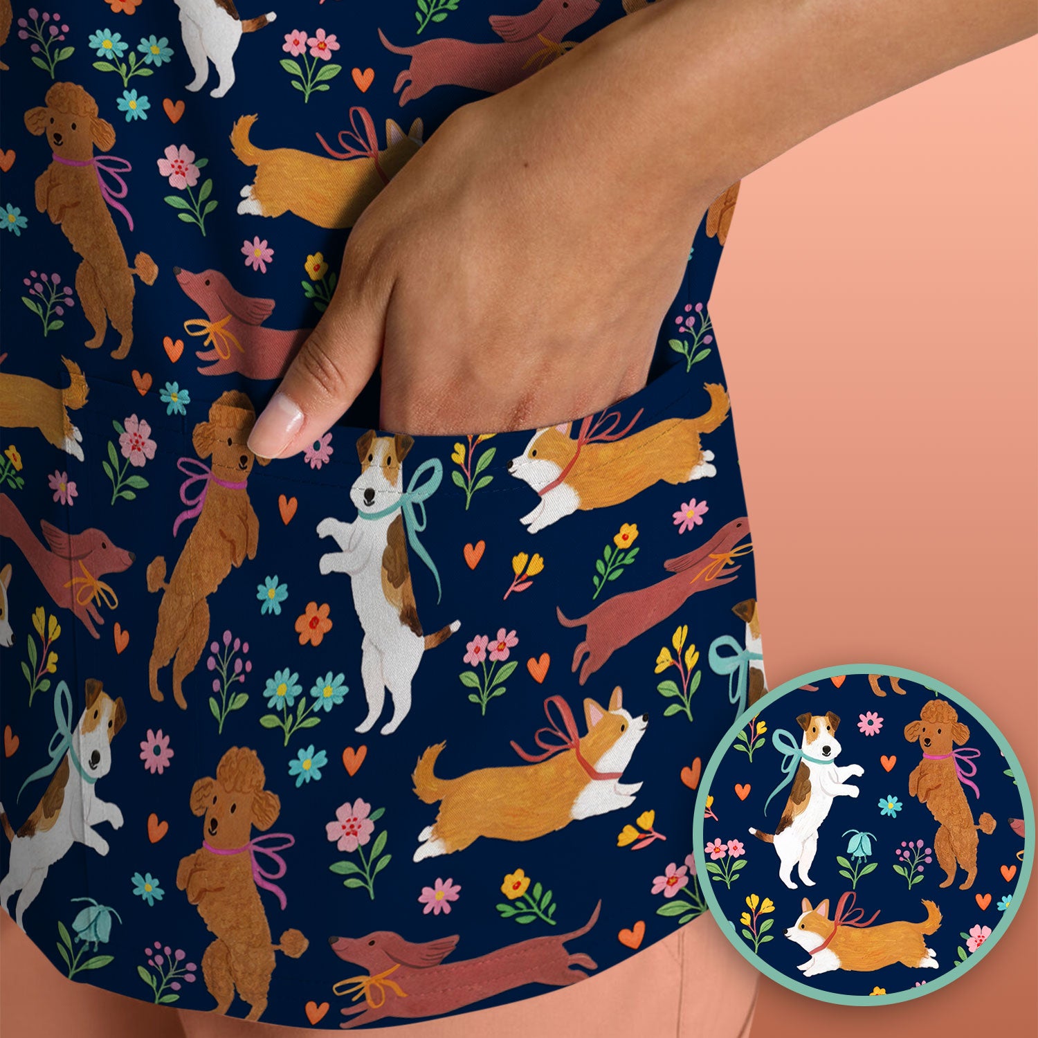 Cute Cartoon Dog Print Nurse Scrub Top, Comfortable Scrubs for Nurses