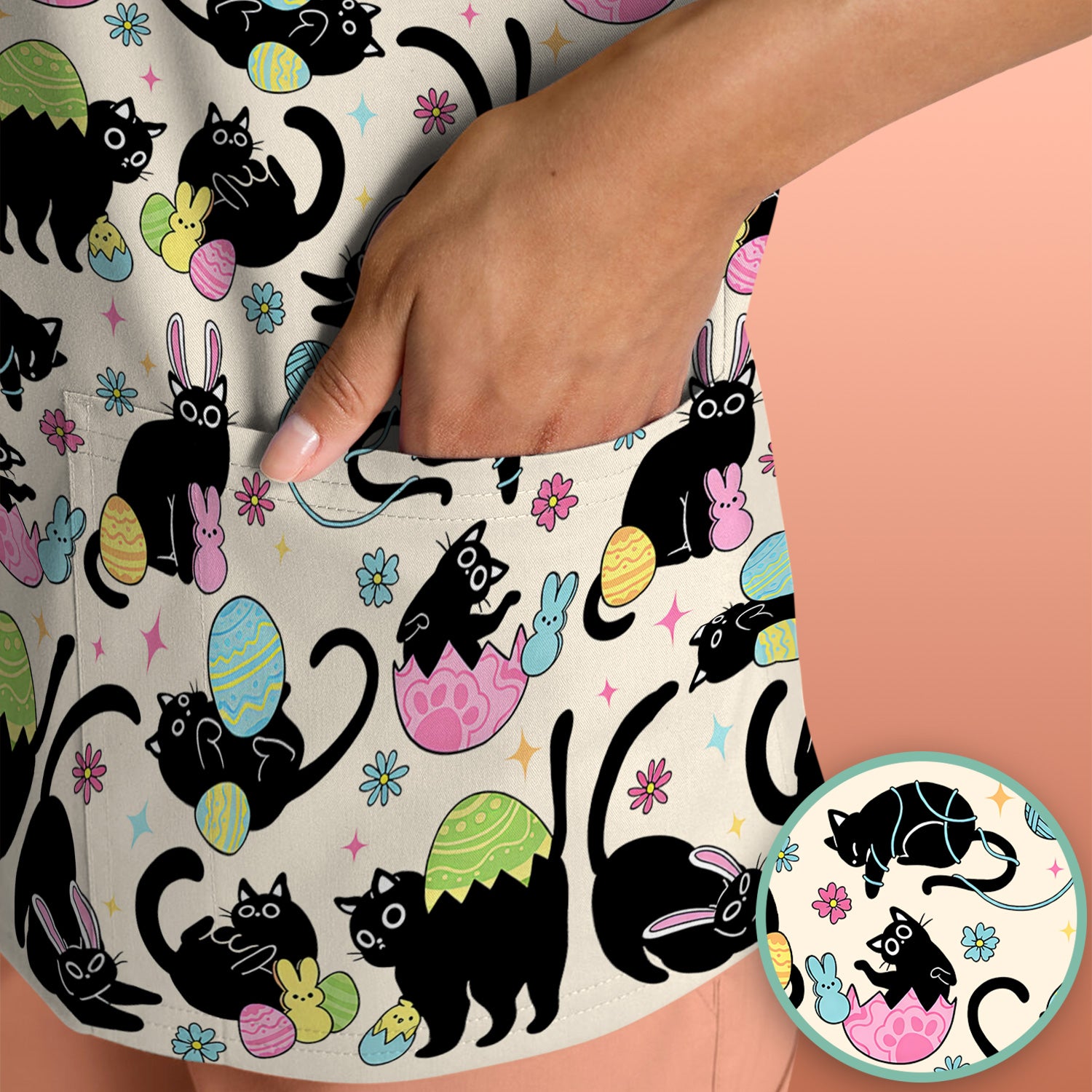 Funny Easter Black Cat Egg Pattern Scrub Top, Breathable Fabrics Nursing Uniform