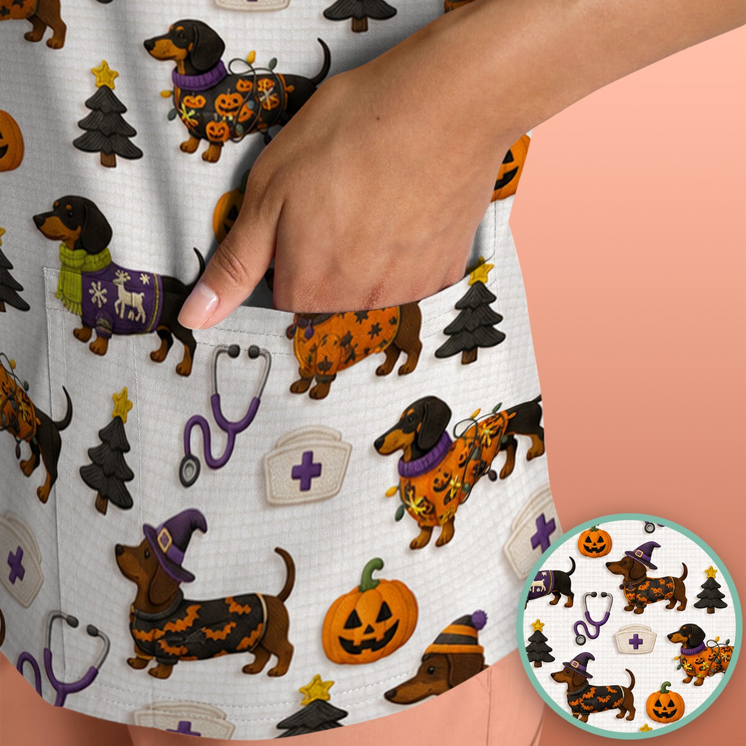 Halloween Dachshund with Pumpkin Stethoscope Print Scrub Top, Comfortable Scrubs for Nurses