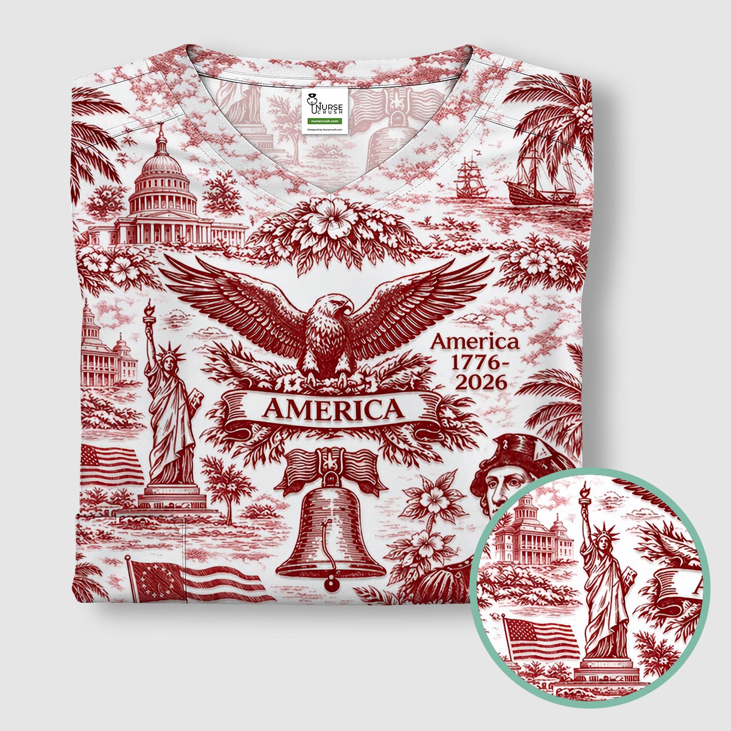 Patriotic America Heritage Toile Pattern Scrub Top, Breathable Fabrics Nursing Uniform