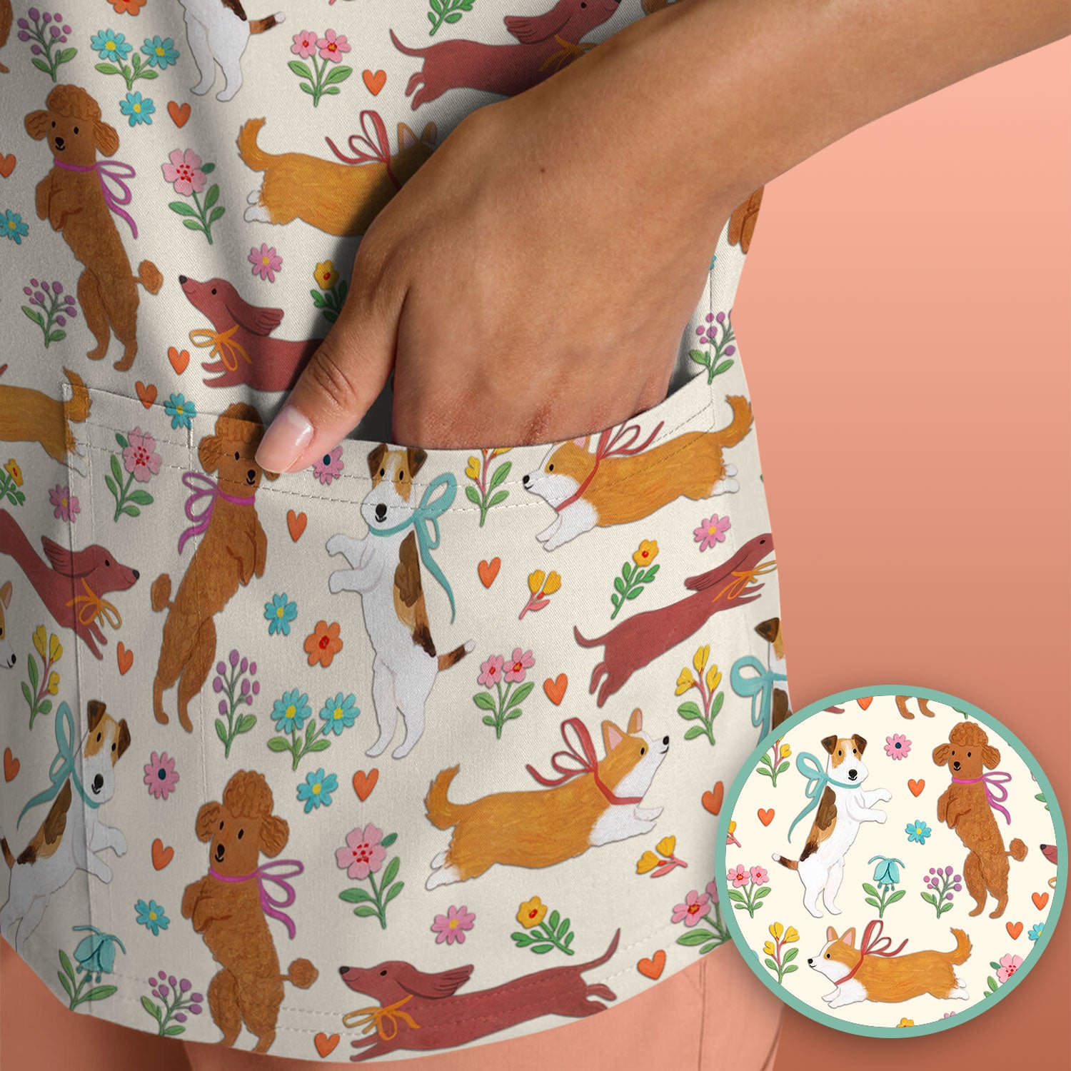 Cute Cartoon Dog Print Nurse Scrub Top, Comfortable Scrubs for Nurses