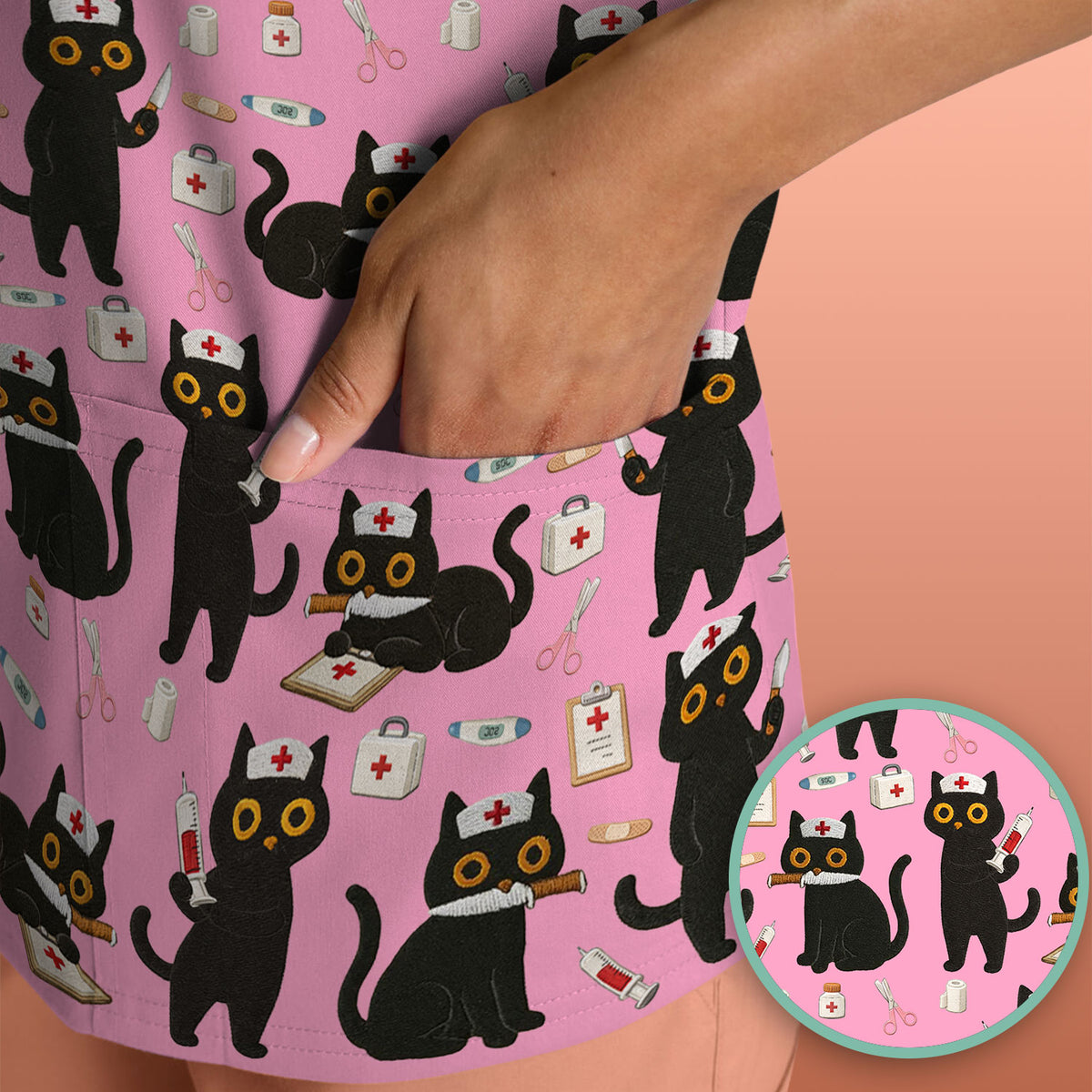 Cute Black Cat Nurse Pattern Scrub Top, Comfortable Scrubs for Nurses