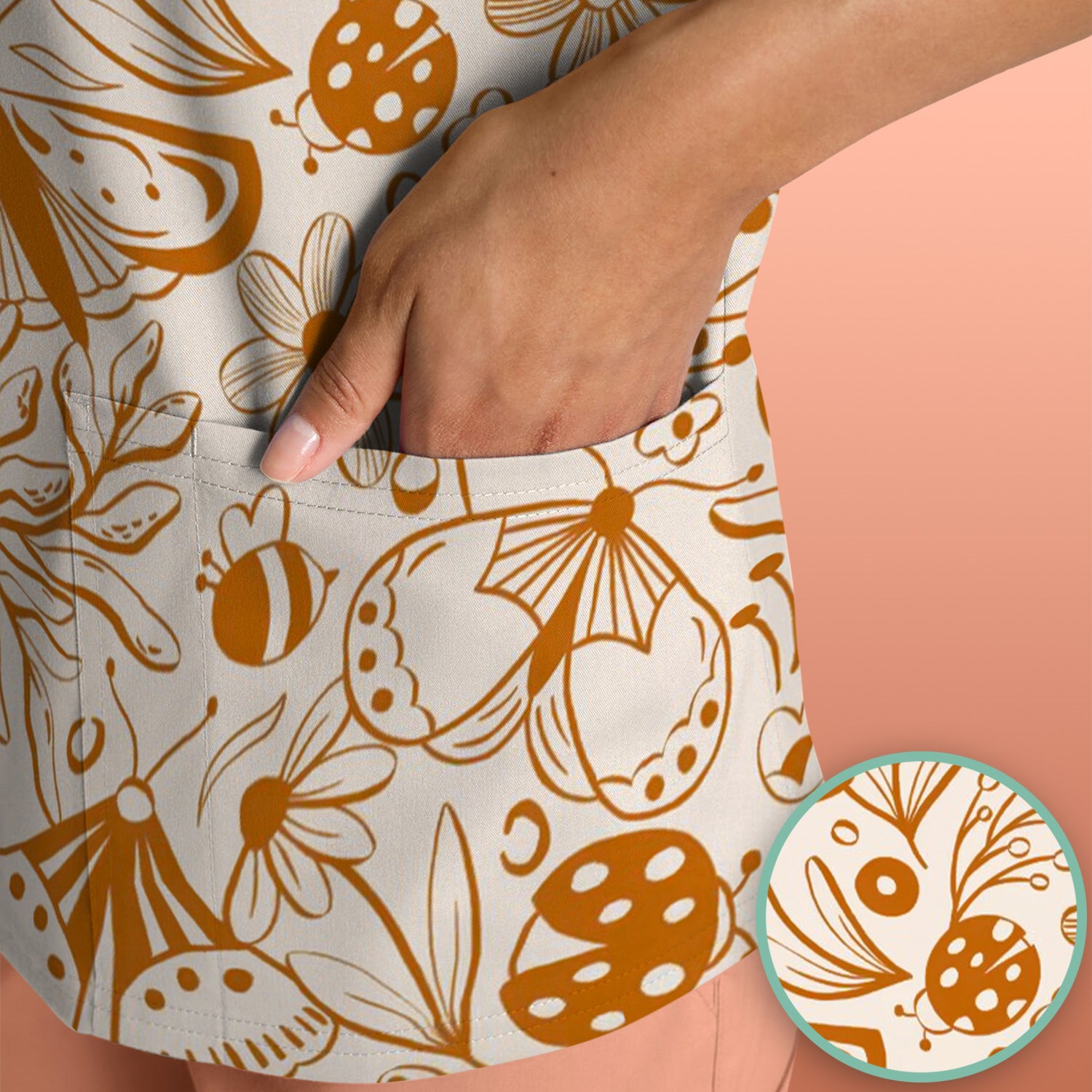 Butterfly Ladybug Floral Garden Pattern Scrub Top, Comfortable Scrubs for Nurses