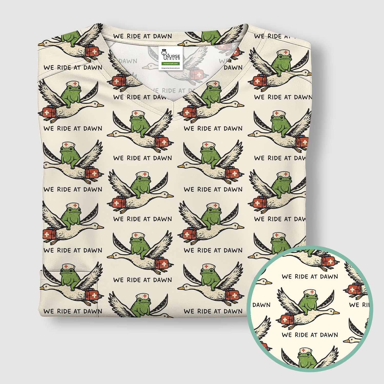 Funny Frog Riding Goose Nurse Pattern Scrub Top, Comfortable Scrubs for Nurses