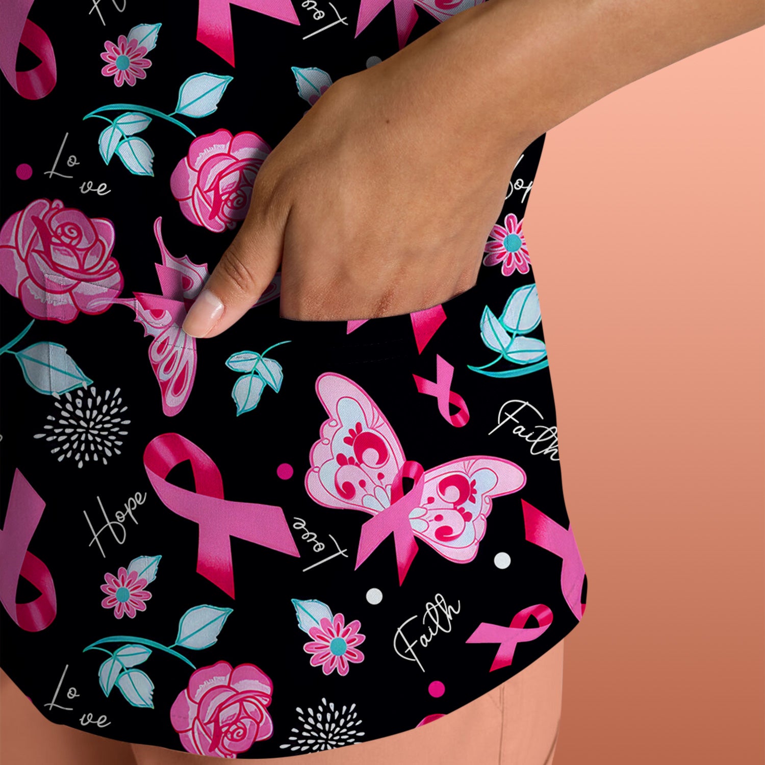 Breast Cancer Awareness Scrub Top - Pink Ribbon Nurse Shirt with Flowers - Gift for Women RN CNA LPN
