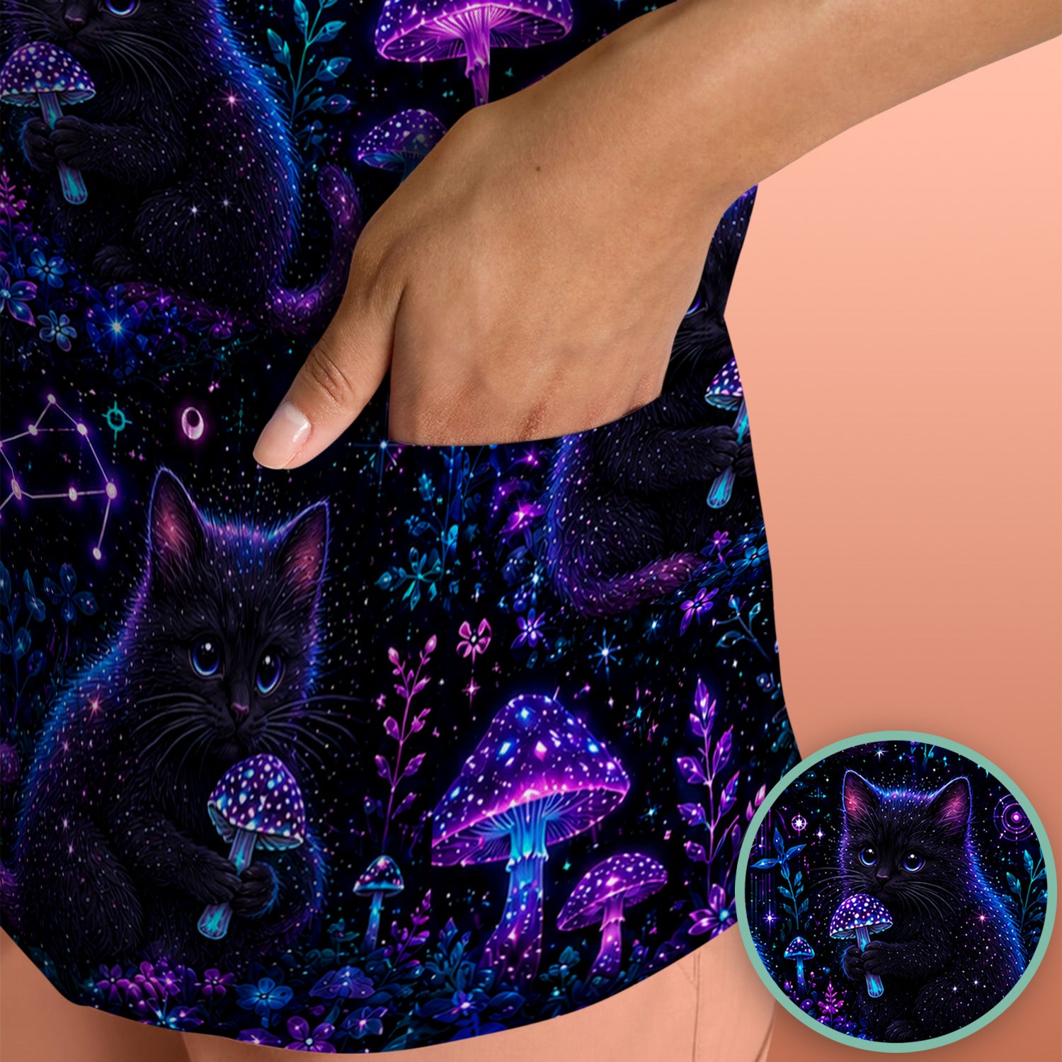Neon Black Cat Mushroom Galaxy Pattern Scrub Top, Comfortable Scrubs for Nurses