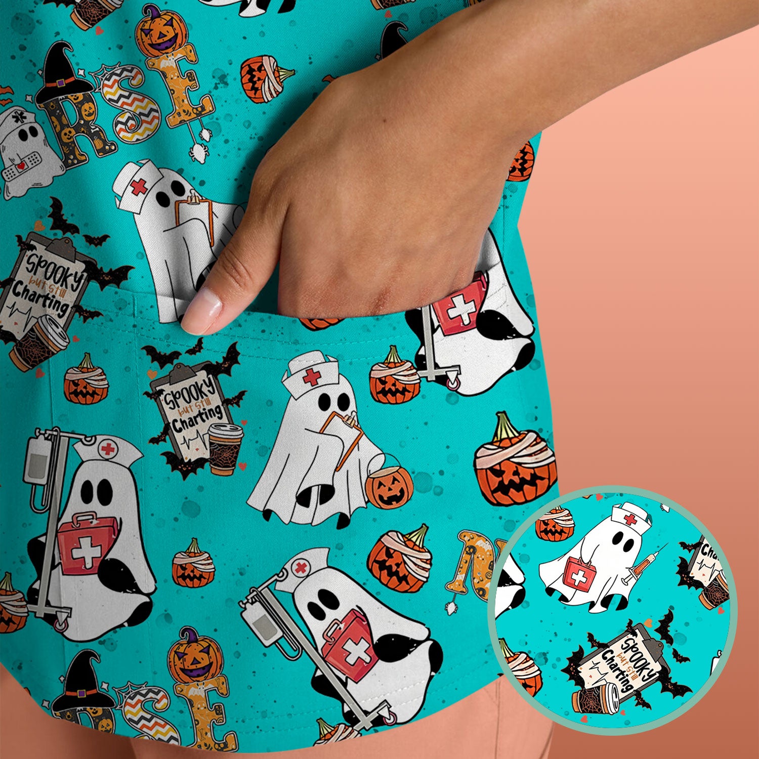 Spooky But Still Charting Halloween Scrub Top - Comfortable Scrubs for Nurses - Funny Boo Pumpkin Nursing Uniform