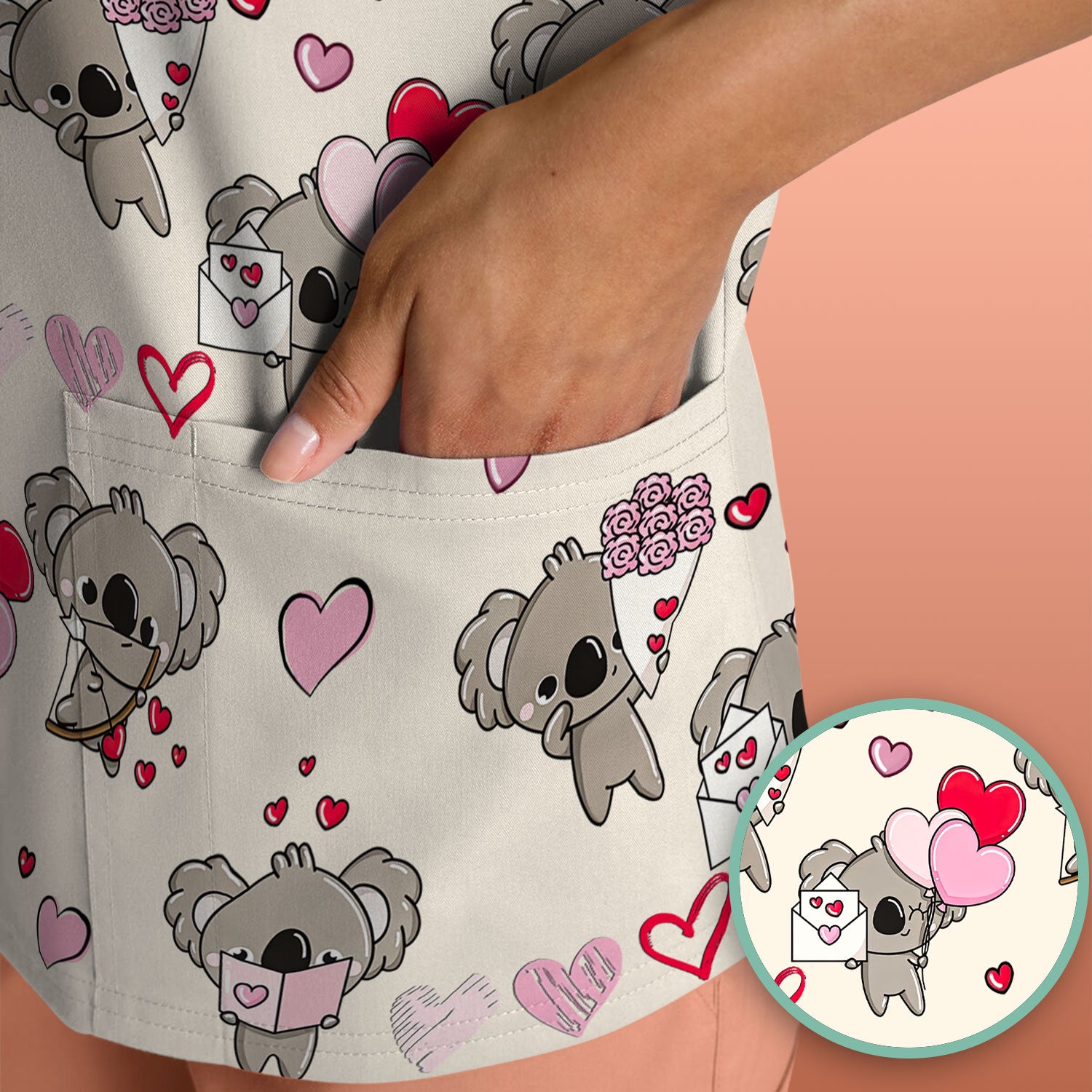 Valentine Koala Holding Flowers Cute Print Scrub Top, Comfortable Scrubs for Nurses