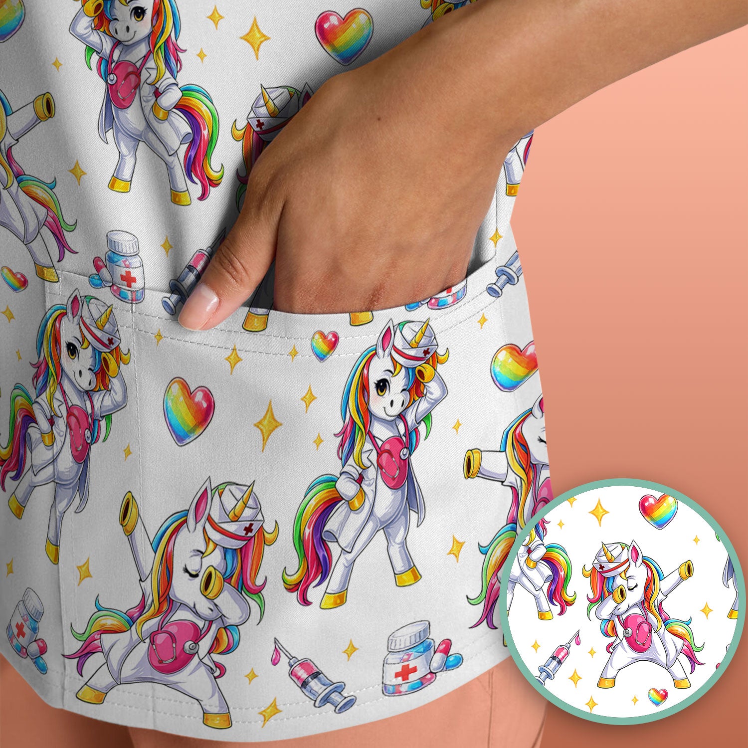 Playful Nurse Unicorn Rainbow Pattern Scrub Top, Comfortable Scrubs for Nurses