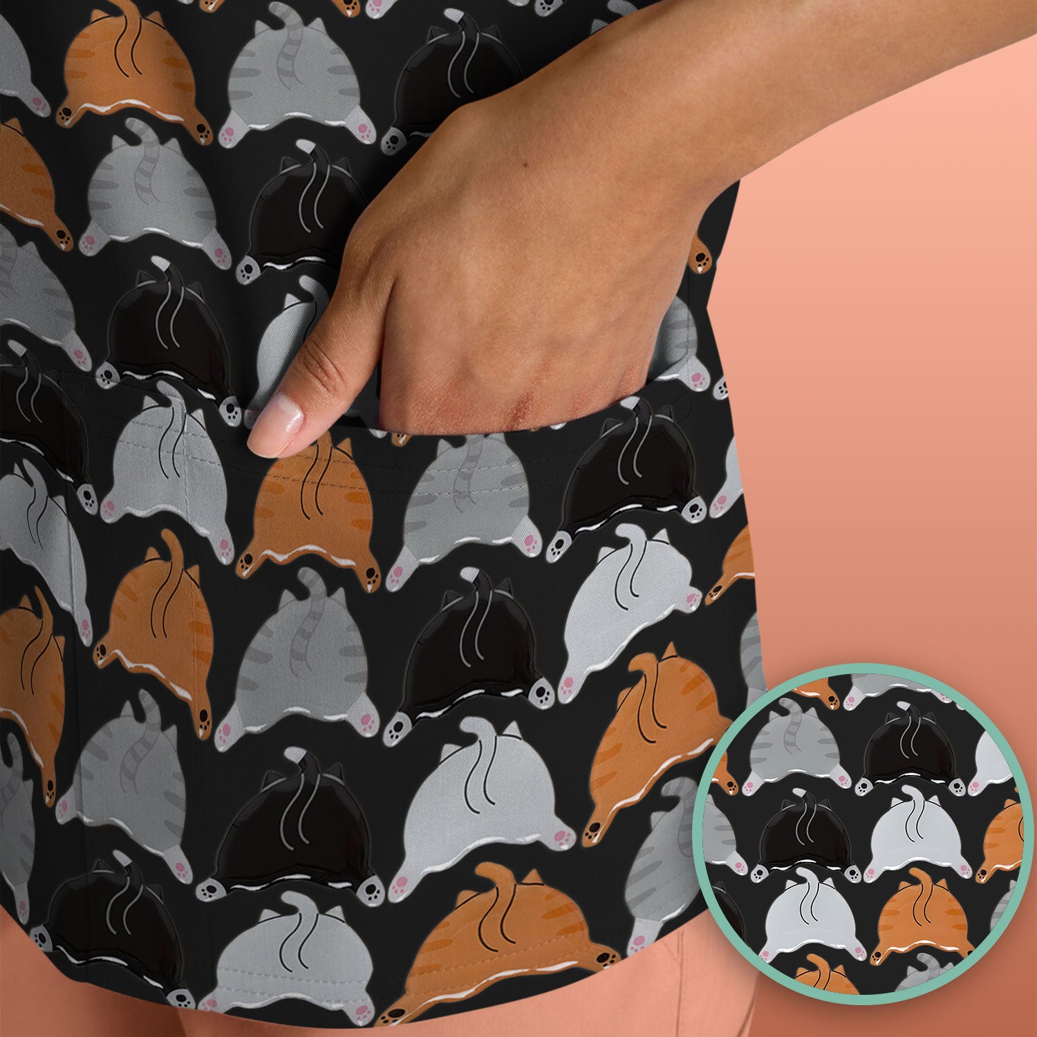 Playful Multicolor Cat Print Scrub Top, Breathable Fabrics Nursing Uniform