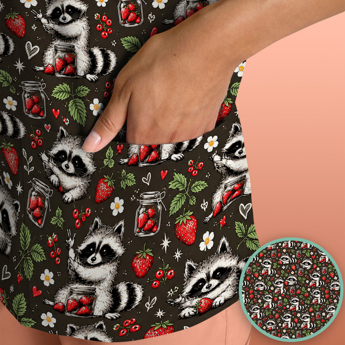 Cute Raccoons And Strawberries Pattern Scrub Top, Comfortable Scrubs for Nurses