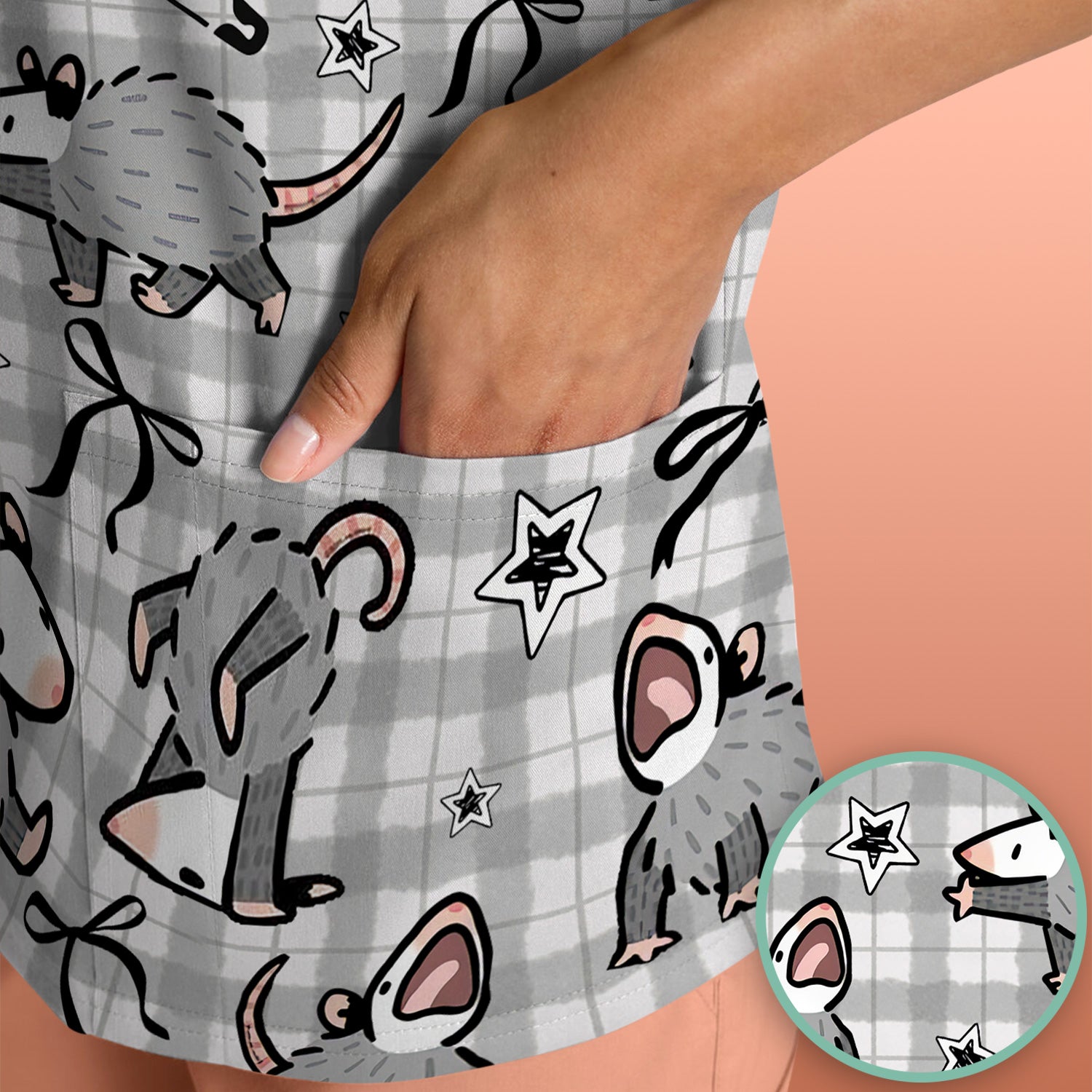 Funny Mouse Cartoon Pattern Print Scrub Top, Breathable Fabrics Nursing Uniform, Opossum
