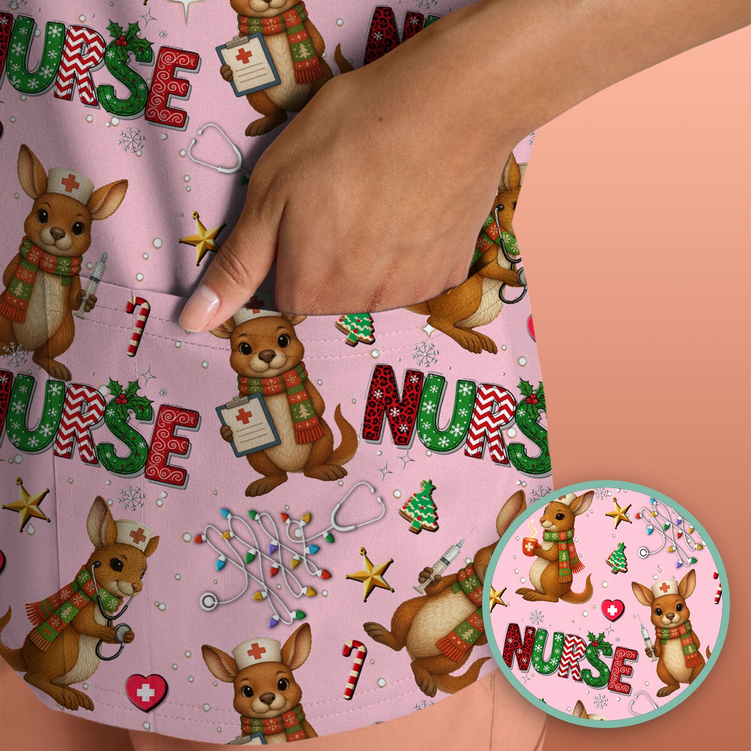 Aussie Kangaroo Christmas Scrub Top - Funny Holiday Nurse Shirt for Women - Cute Animal Medical Uniform