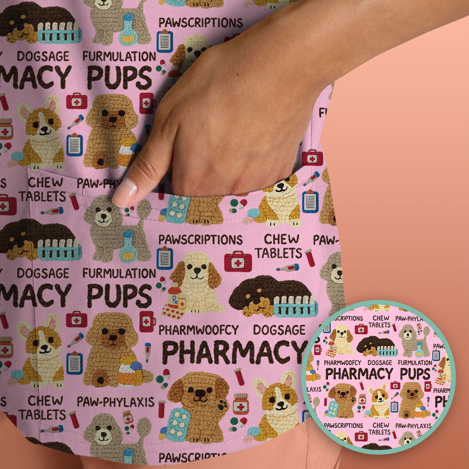 Pharmacy Pups Scrub Top for Women - Cute Dog Pattern Medical Shirt for Pharmacists & Vet Techs - Fun Blue Pharmacy Nurse Uniform