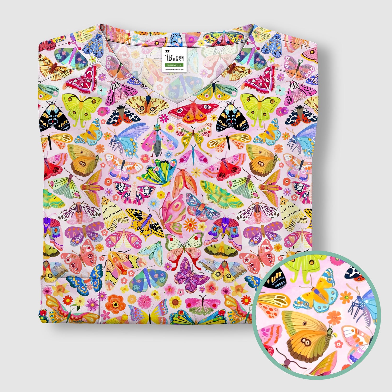 Cute Bright Butterfly Moth Floral Scrub Top, Comfortable Scrubs for Nurses