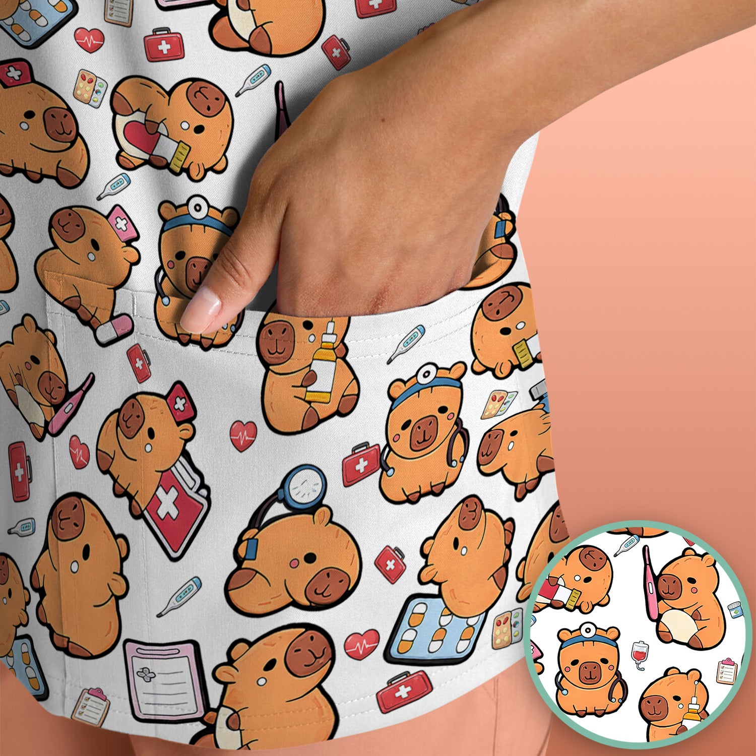 Capybara With Stethoscope And Medical Tools Seamless Scrub Top, Breathable Fabrics Nursing Uniform