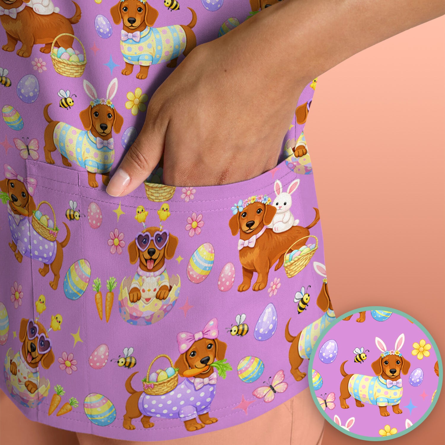 Cute Easter Dachshund Dog Pattern Scrub Top, Breathable Healthcare Uniform Top