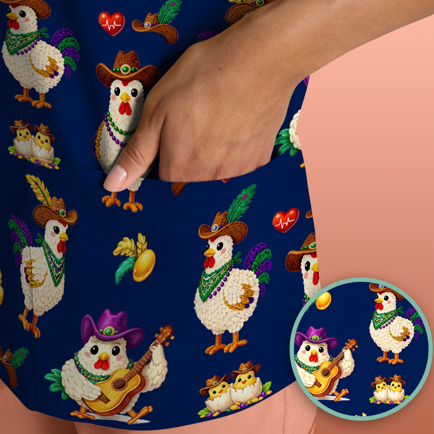 Funny Mardi Gras Rooster Cowboy Print Scrub Top, Comfortable Scrubs for Nurses