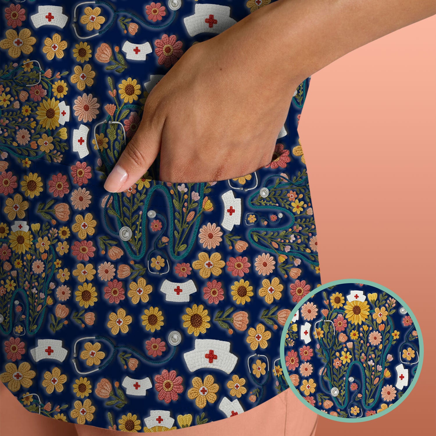 Boho Floral Tooth Scrub Top - Aesthetic Dental Scrubs for Women - Cute Flower Tooth Pattern Medical Uniform - Hygienist Christmas Gift