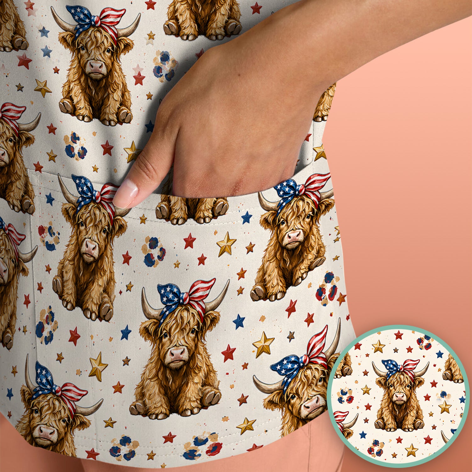 Patriotic Highland Cow Nurse for RN & CNA, Americana Farm Animal Healthcare Workers Medical Uniform Scrub Top, Comfortable Scrubs for Nurses