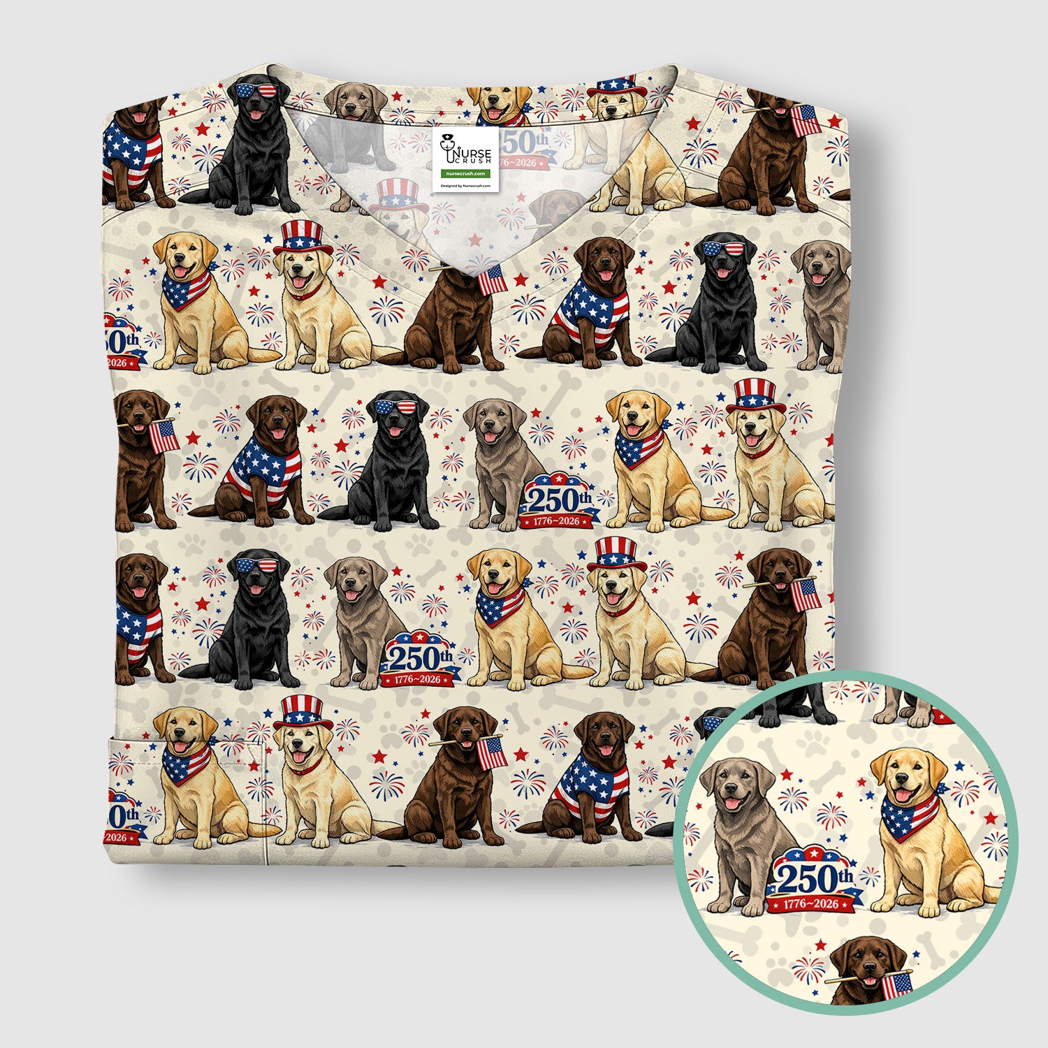 4th of July Labrador Dog Patriotic Print Scrub Top, USA Flag Nursing Uniform for Women