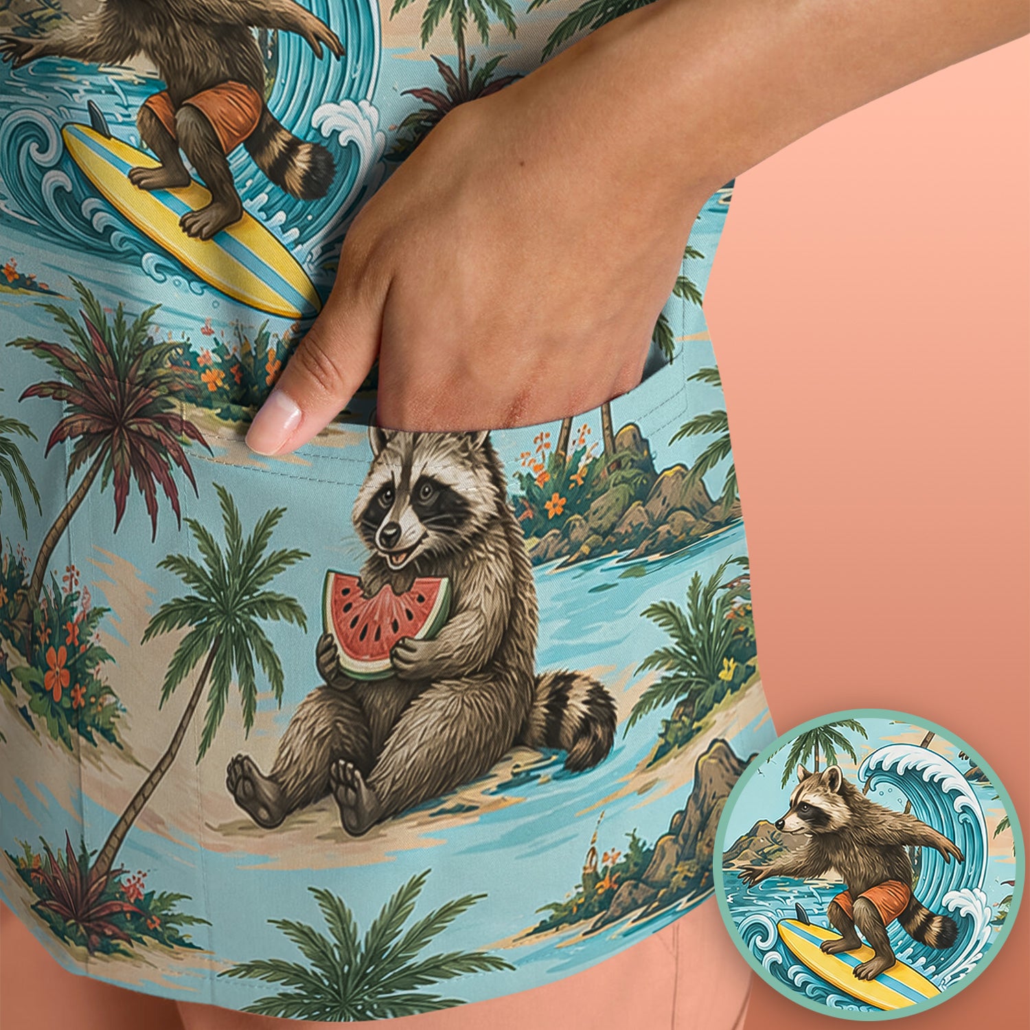 Tropical Raccoon with Surfing Island Beach Print Scrub Top, Comfortable Scrubs for Nurses