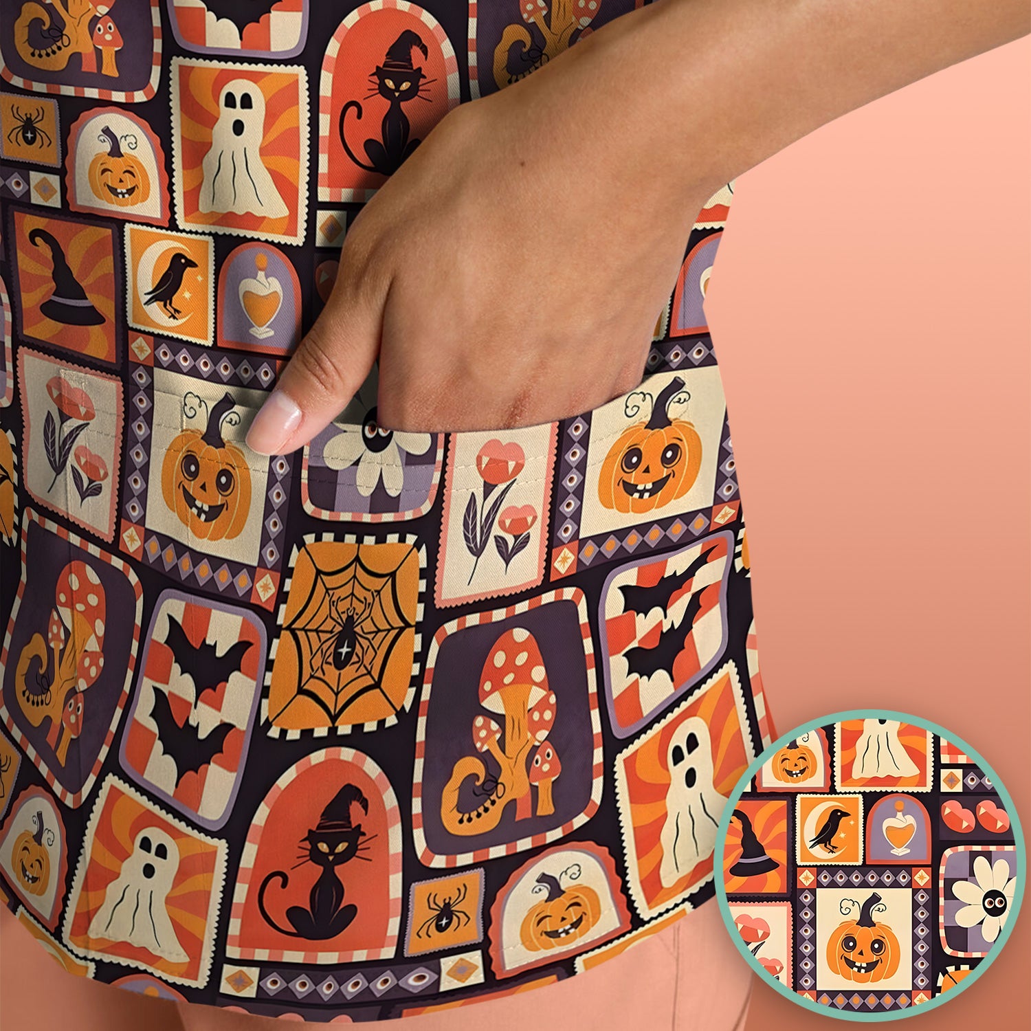 Retro Halloween Patchwork Icons Scrub Top, Comfortable Scrubs for Nurses