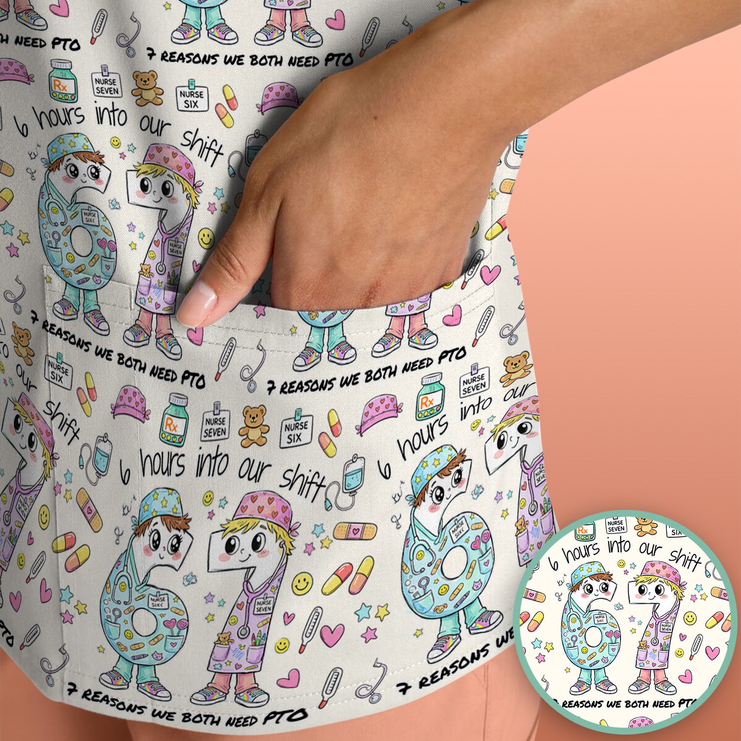 Cartoon Characters Six Hours Into Shift With Medical Doodle Scrub Top, Breathable Fabrics Nursing Uniform