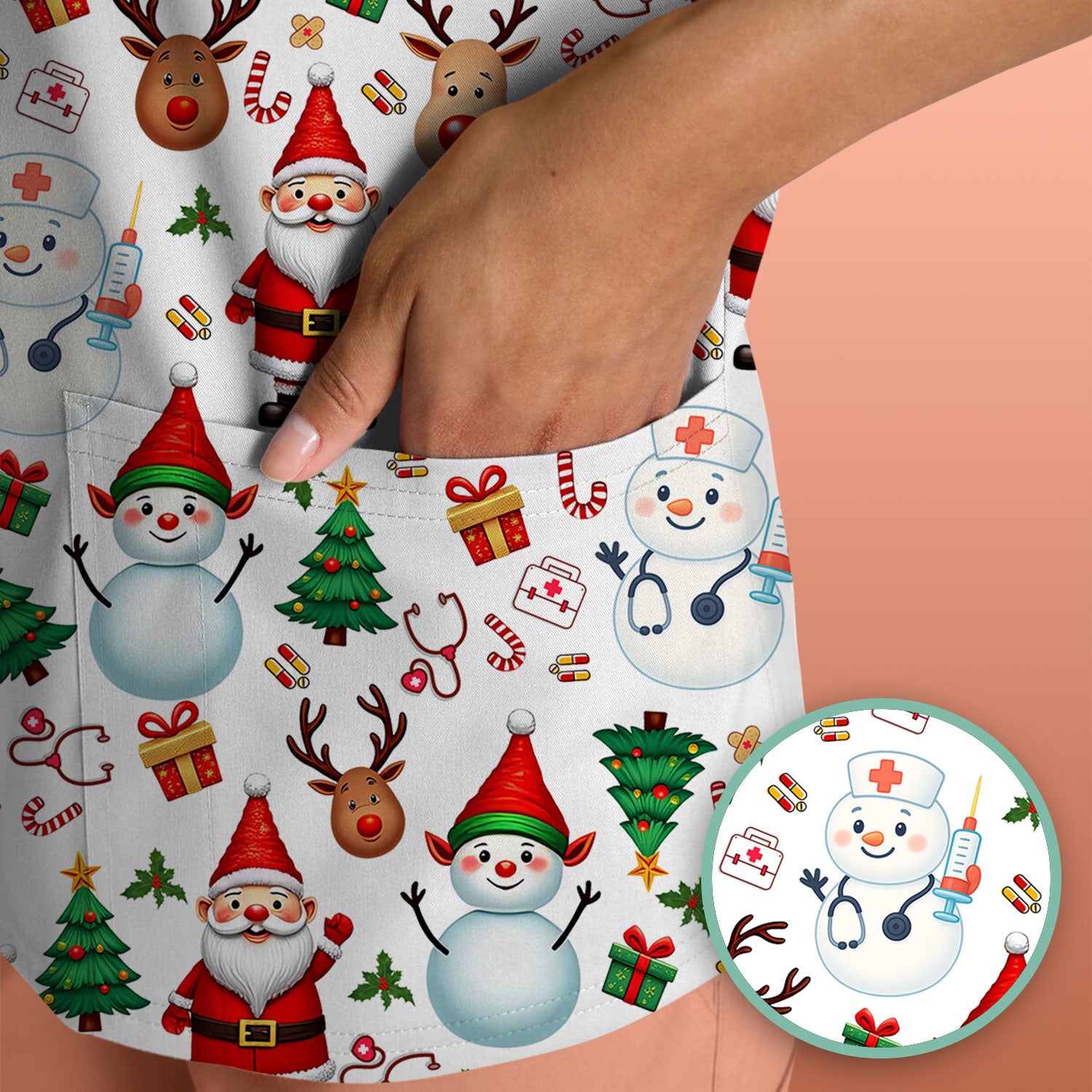 Christmas Nurse Scrub Top - Cute Snowman Santa Reindeer Pattern Medical Shirt - Festive Holiday Scrubs for Women RN CNA LPN