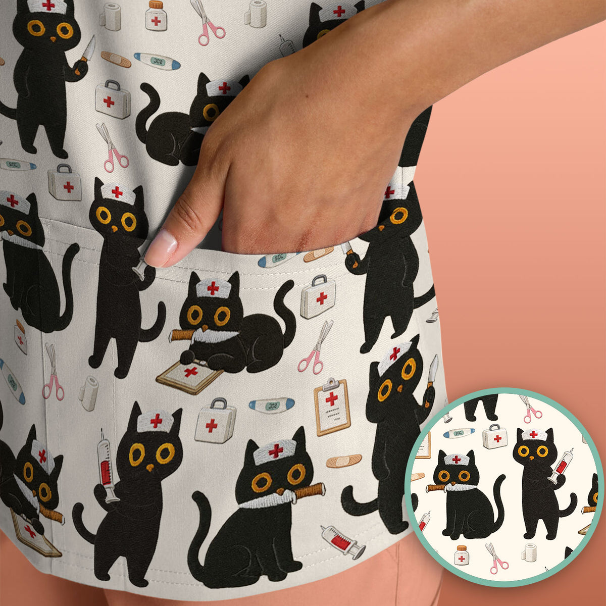 Cute Black Cat Nurse Pattern Scrub Top, Comfortable Scrubs for Nurses