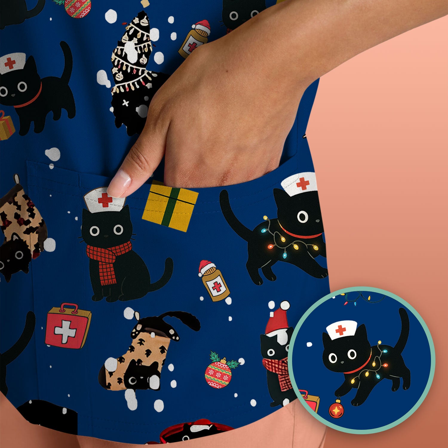 Funny Cat Scrub for Women - Christmas Black Cats Comfortable Scrubs for Nurses - Breathable Fabrics Nursing Uniform