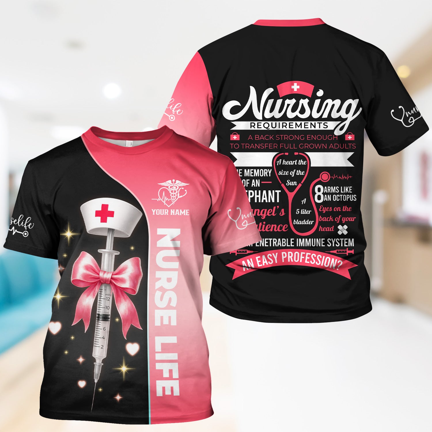 Personalized Nurse Life Scrubs for Women RN LPN CNA - Cute Pink and Black Syringe Bow Design - Funny Medical Quote Gift for Healthcare Workers in Nursing Field