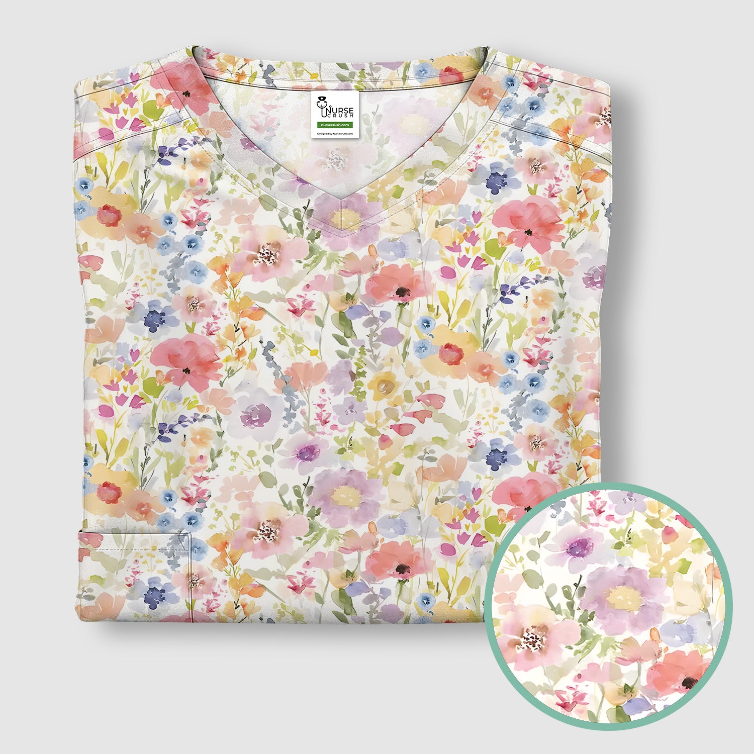 Pastel Watercolor Floral Nursing Scrub Shirt V-Neck Medical Work Top