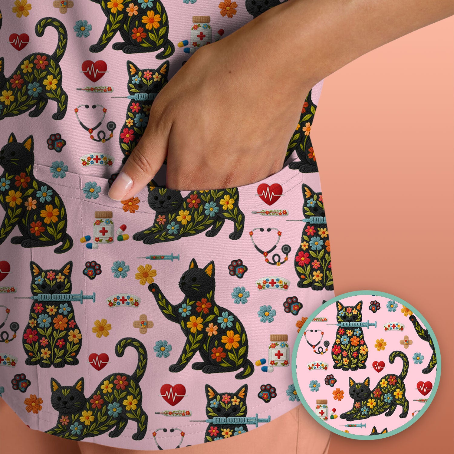 Floral Black Cat Pattern Scrub Top, Cute Cat Nurse Scrub Shirt, Medical Nursing Uniform