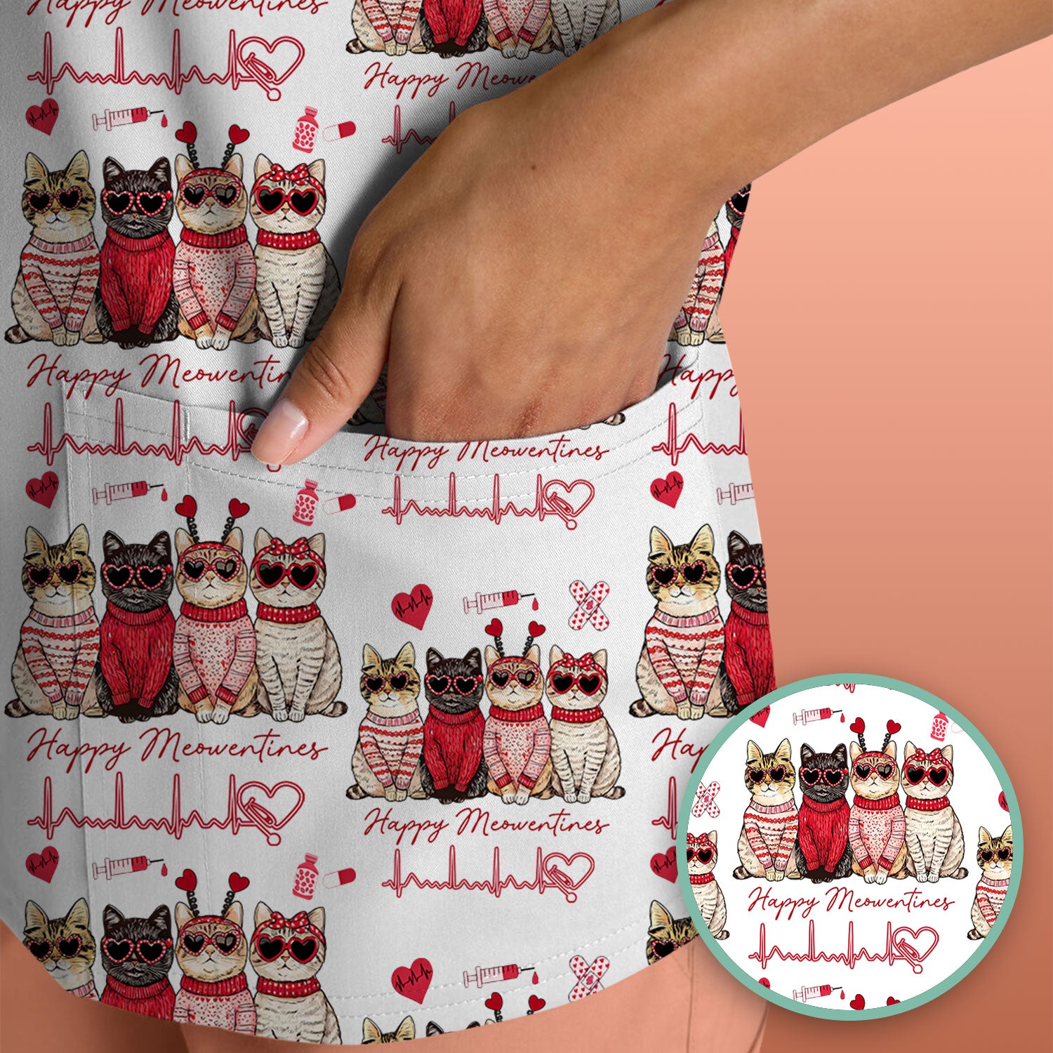 Happy Meowtines Cat Pattern Scrub Top, Valentine Cat Lover Nurse Scrub Shirt, Heartbeat Medical Pattern Nursing Uniform