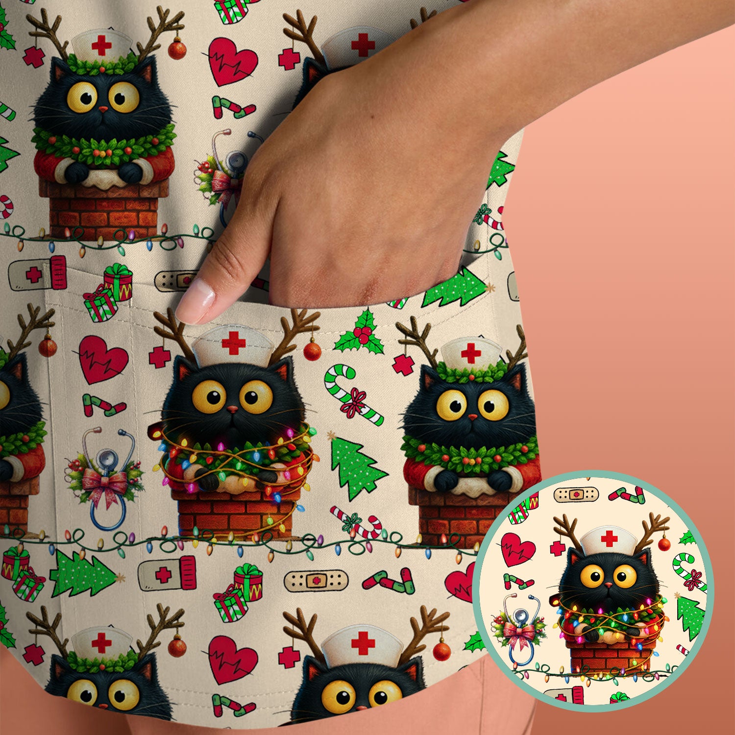 Funny Black Cat Scrub Top for Nurse - Cute Reindeer Cat with Christmas Lights Shirt - Festive Holiday Medical Gift for RN CNA LPN